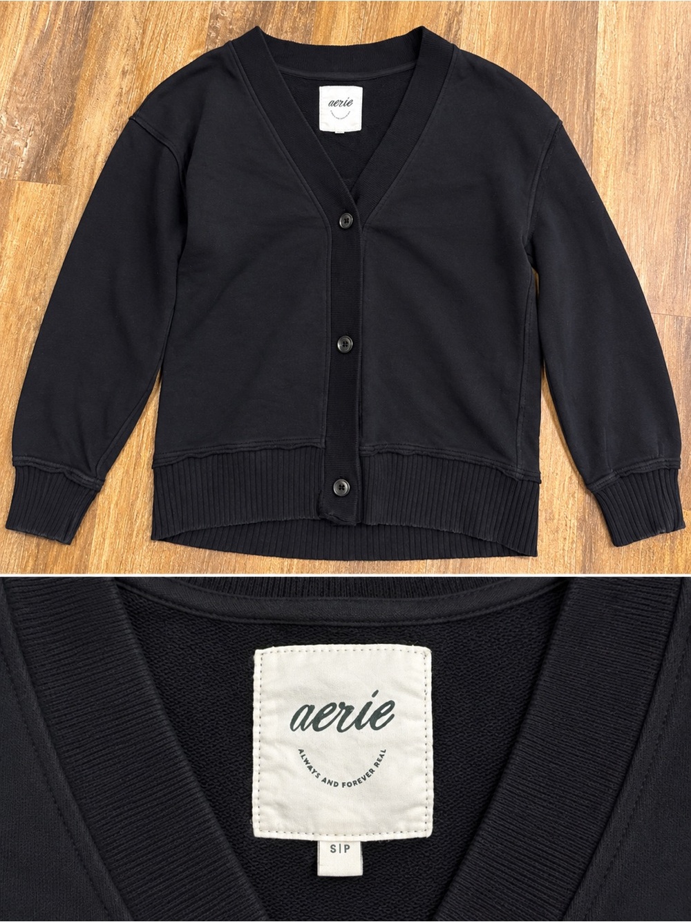 aerie Black V-Neck Button-Front Cardigan